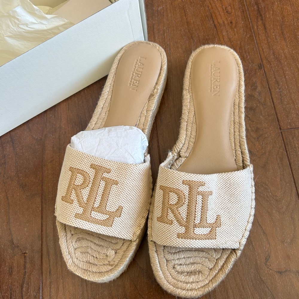 Ralph Lauren Beige Canvas Espadrille Slide Sandals with RL Monogram